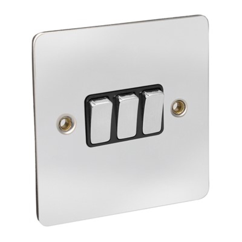 Flat Plate 10Amp 3 Gang 2 Way Switch *Chrome/Black Insert ** - Click Image to Close